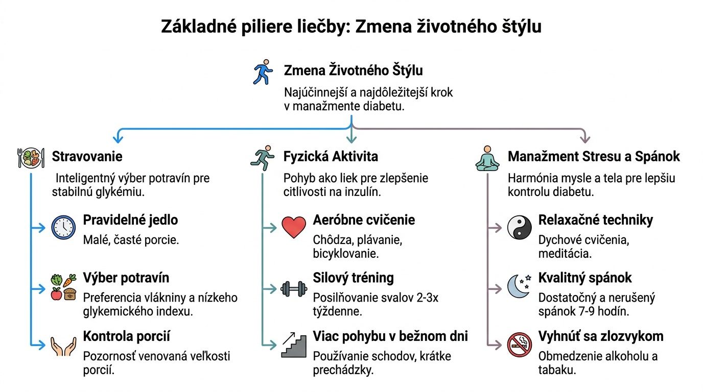 Pôvodná infografika k základným pilierom liečby diabetu 2. typu.