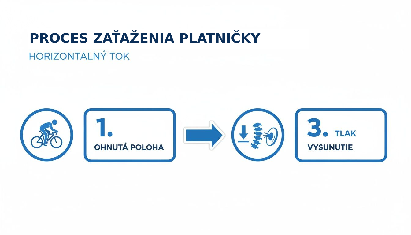 Infografika vysvetľujúca proces zaťaženia platničky pri bicyklovaní, vedúci k tlaku a možnému vysunutiu.