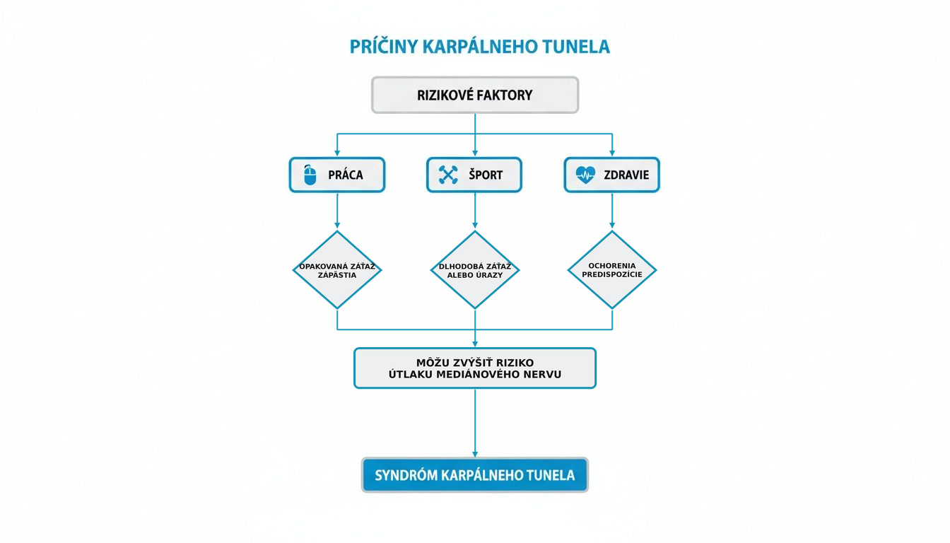 Diagram popisujúci príčiny karpálneho tunela, zobrazujúci rizikové faktory z práce, športu a zdravia.