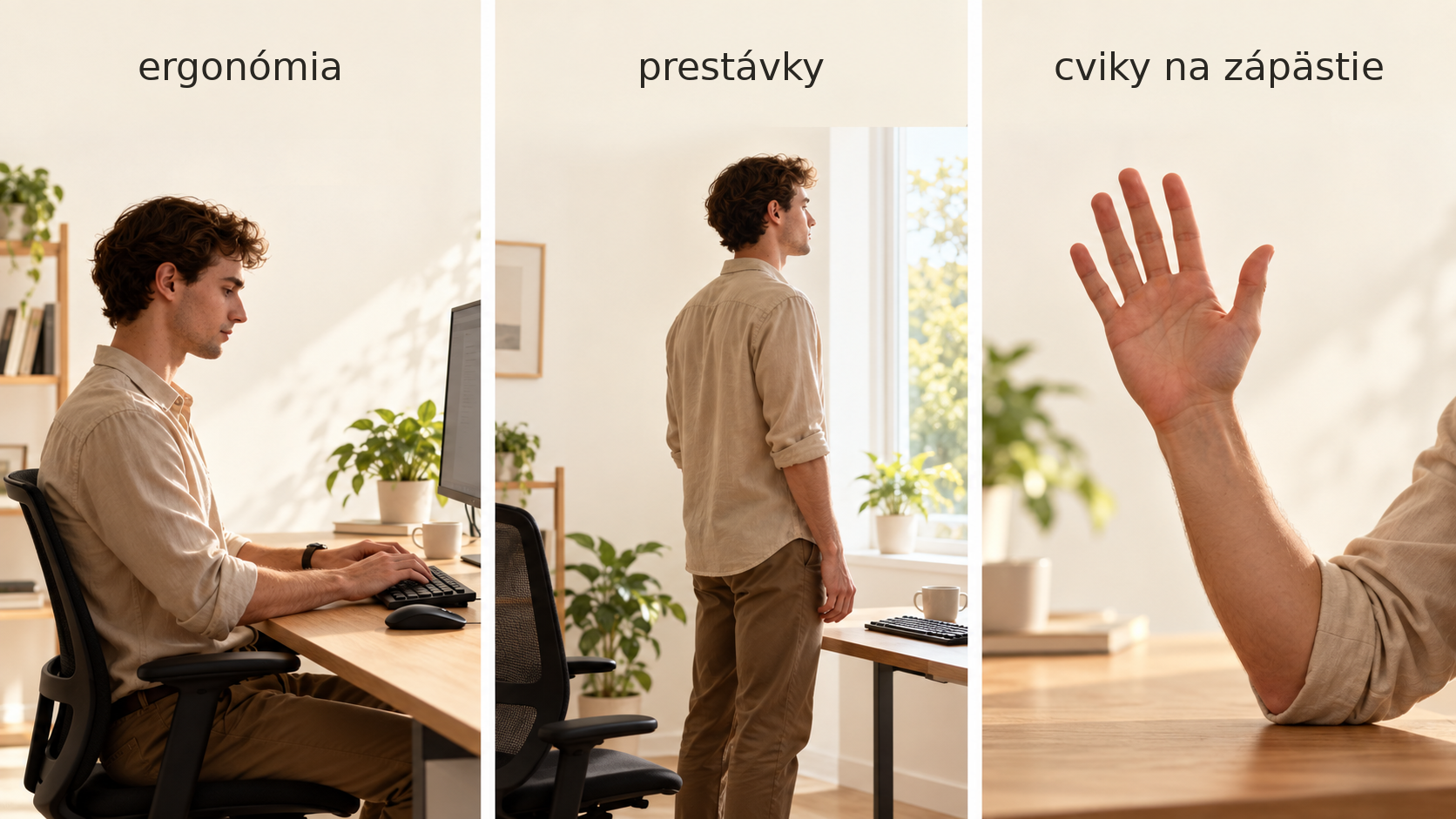 Muž demonštruje správnu ergonómiu pri práci, dôležitosť prestávok a cviky na zápästie.